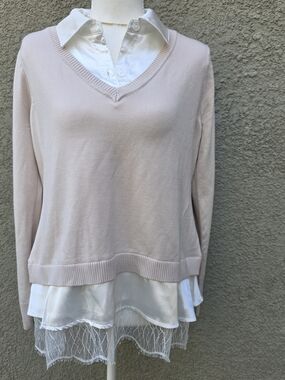 Belldini Blush Layered V-Neck Pullover with Satin & Lace Hem